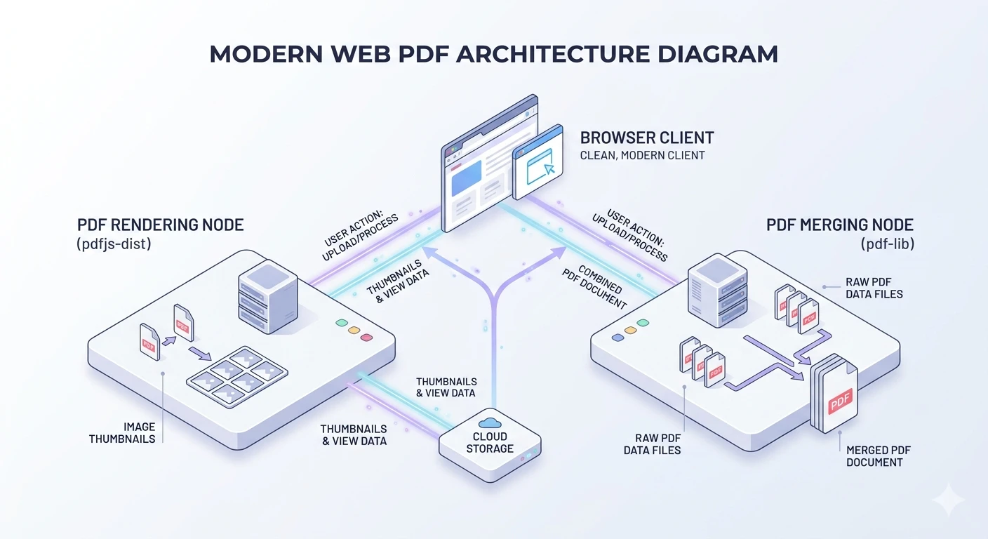 Architecture diagram showing the separation of concerns between pdfjs-dist for rendering and pdf-lib for merging.