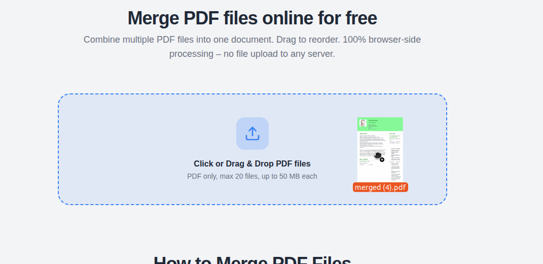 Screenshot of the PDF Merger tool's drag-and-drop upload interface.