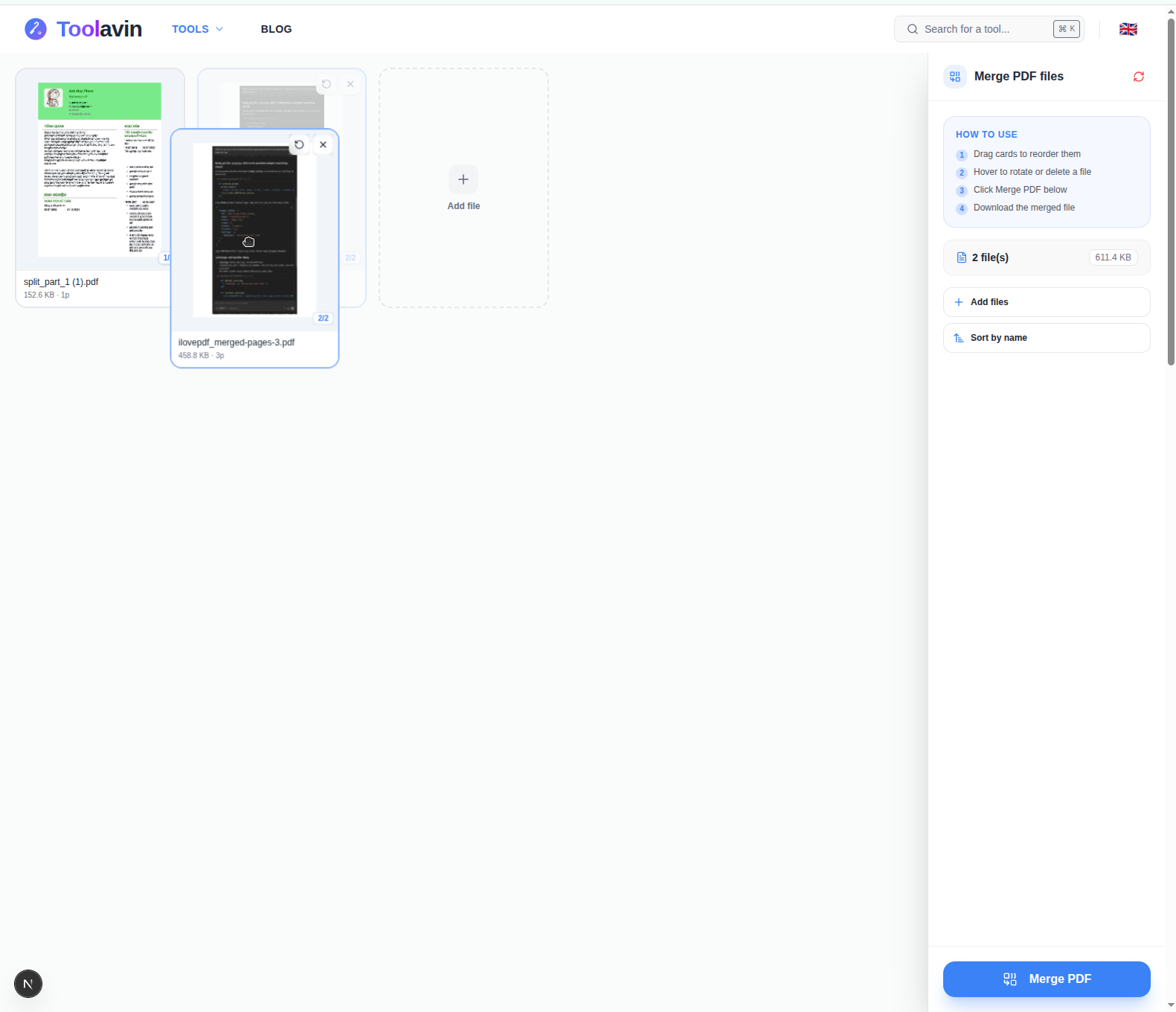 Screenshot showing the visual grid view of the PDF Merger, highlighting the drag-to-reorder and rotate features.