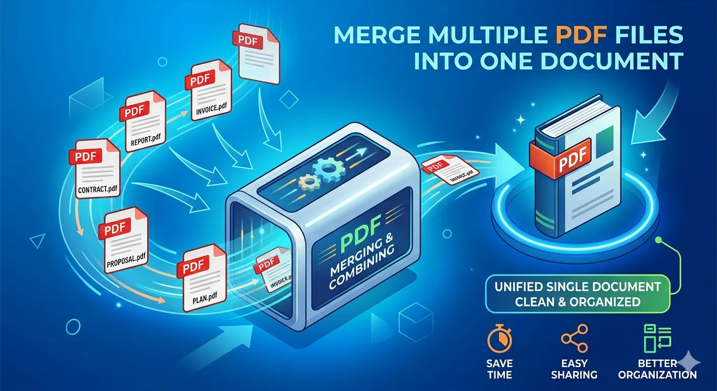 Infographic showing multiple PDF icons merging into a single neatly organized PDF document.