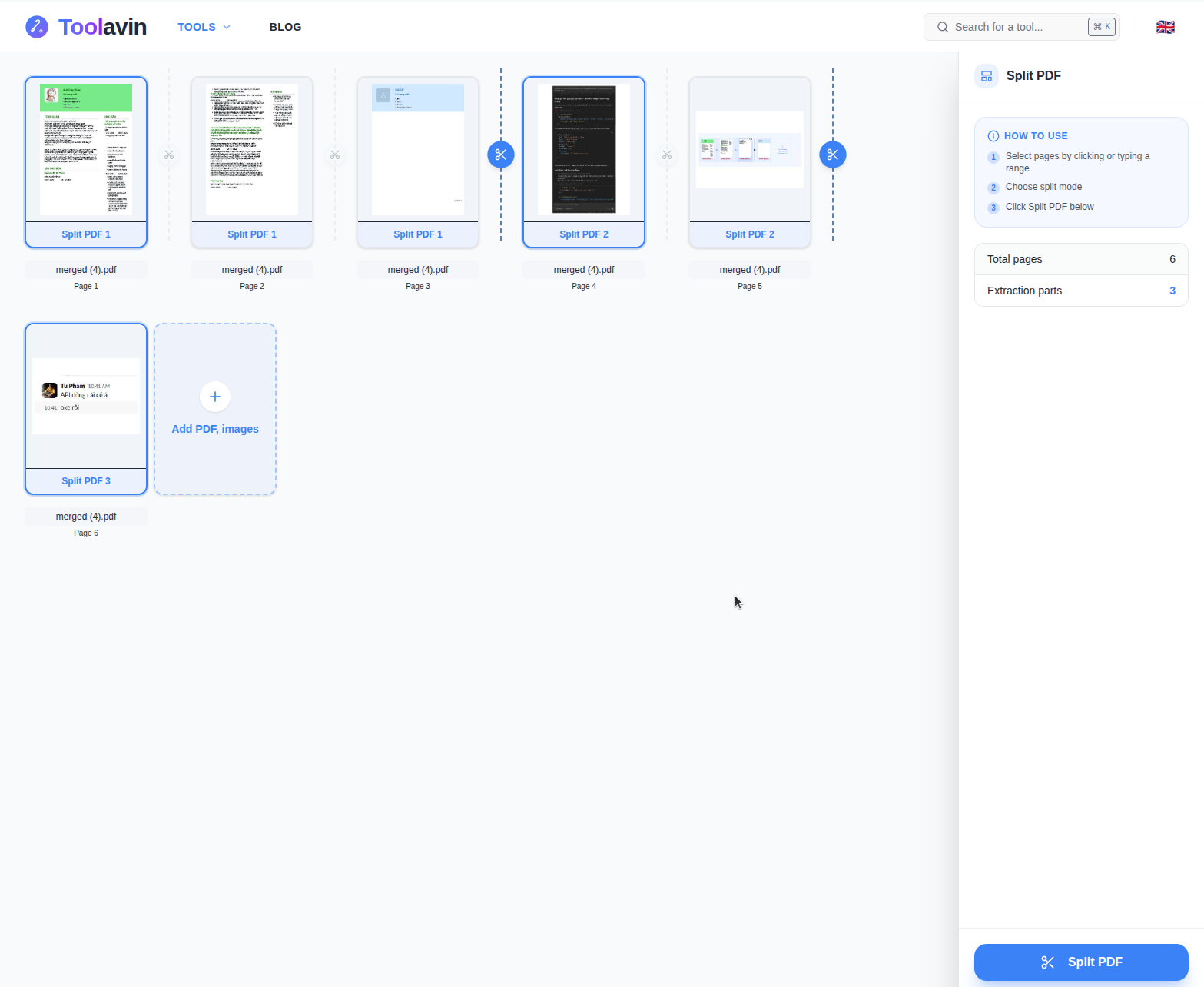 Screenshot of the PDF Splitter grid showing page thumbnails and the scissors icon used to split the document.