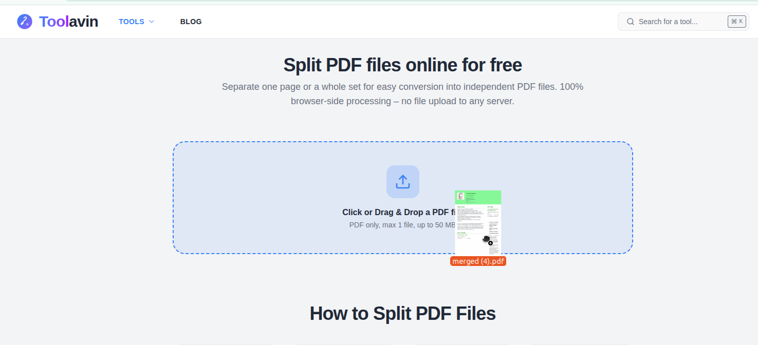 Screenshot of the PDF Splitter tool's simple drag-and-drop upload interface.