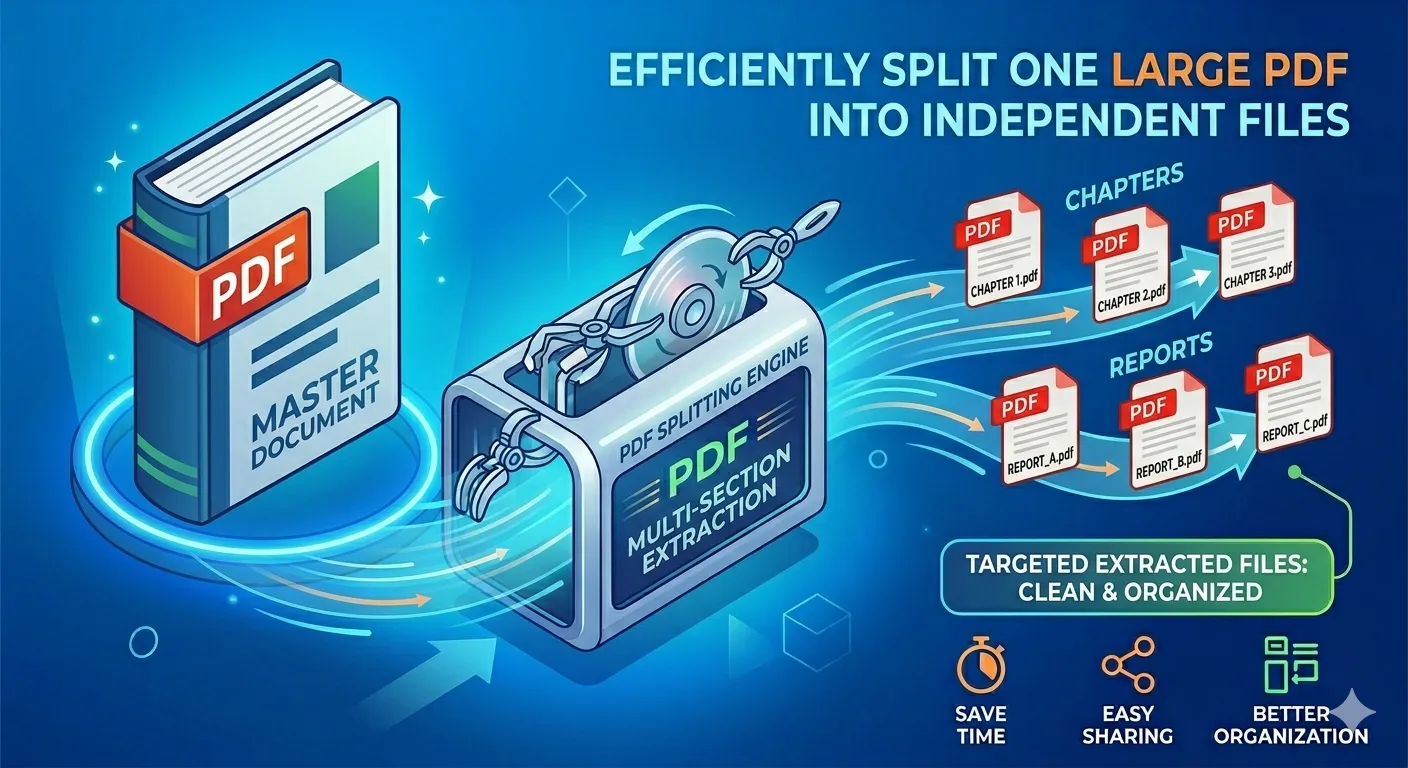 Infographic showing a large PDF document being separated into multiple smaller, manageable PDF files.